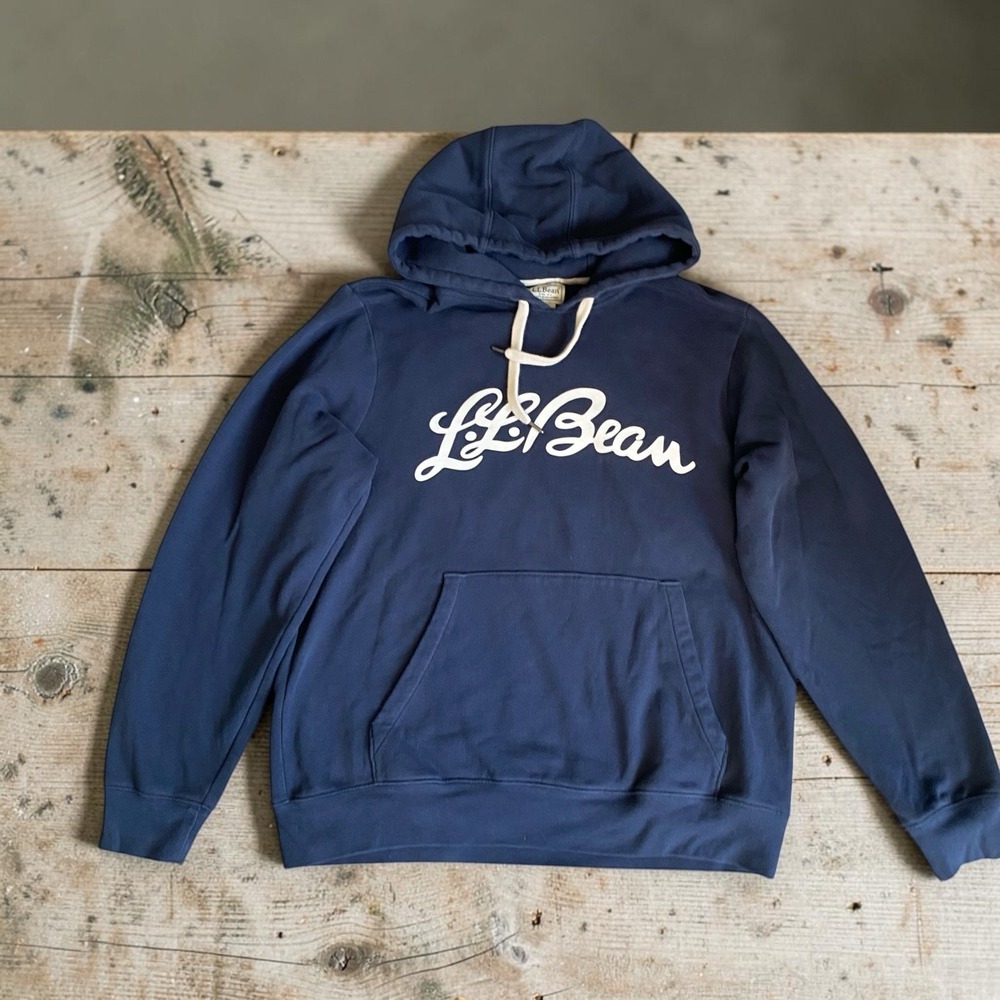 LL Bean Sweatshirt Hoodie Men Size M Navy Blue Cotton Blend Fleece Logo